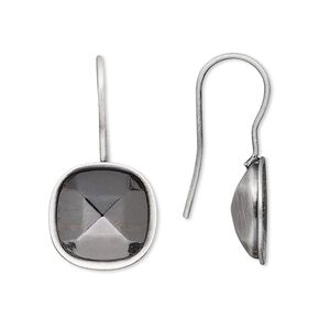 Ear wire fishhook 1pkg4 Almost Instant Jewelry® antique silver-plated, 28x14mm / 12mm cushion glue-in setting, 20 gauge brass 2 pair