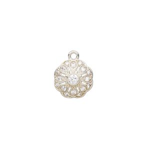 Drop, sterling silver and cubic zirconia, clear, 11.5mm flower. Sold individually.