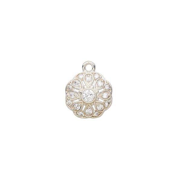 Drop, sterling silver and cubic zirconia, clear, 11.5mm flower. Sold individually. image number 0