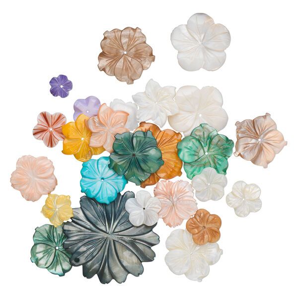 Drop 1pkg25 mother-of-pearl shell, 17x17mm-49x44mm mixed drill carved flower, mix natural/bleached/dyed mixed colors image number 1