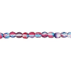 Bead, Czech fire-polished glass, red and blue, 4mm faceted round. Sold per 15-1/2" to 16" strand, approximately 100 beads.