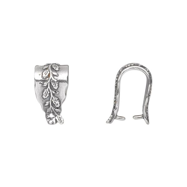 Bail, ice-pick, antiqued sterling silver, 15x8mm fancy shield with leafy vine design, 12mm grip length. Sold individually. image number 0
