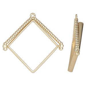 Focal, gold-finished "pewter" (zinc-based alloy), 43x38mm open diamond with rotating center and beaded top. Sold per pkg of 2.