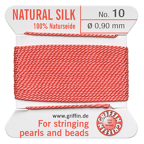 Thread, Griffin, silk, coral, size #10. Sold per 2-meter card (approximately 78 inches). image number 0