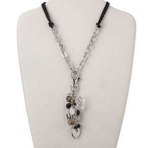 Necklace, 2-strand, silk / glass/ imitation rhodium-finished "pewter" (zinc-based alloy) steel / brass, black / clear / grey, 4-1/2 inch dangle, 18 inches with lobster claw clasp. Sold individually.