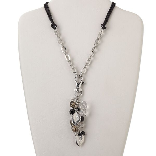 Necklace, 2-strand, silk / glass/ imitation rhodium-finished "pewter" (zinc-based alloy) steel / brass, black / clear / grey, 4-1/2 inch dangle, 18 inches with lobster claw clasp. Sold individually. image number 0