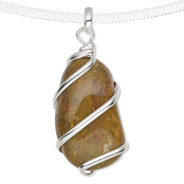 Pendant, camel jasper (natural) and silver-plated copper, medium to large hand-cut wire-wrapped tumbled nugget. Sold individually. image number 0