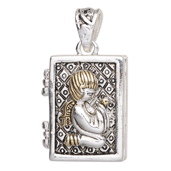 Drop, antique silver- and gold-finished "pewter" (zinc-based alloy), 27.5x22mm rectangle prayer box with praying angel design and magnetic closure. Sold individually. image number 0