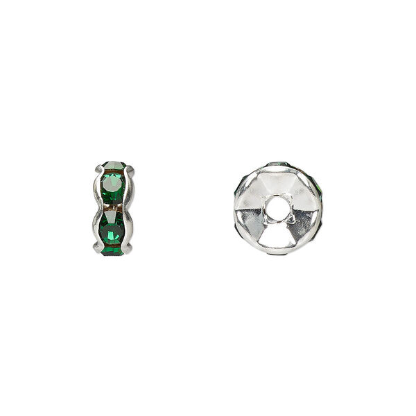 Bead, glass rhinestone and silver-plated brass, emerald green, 8x4mm rondelle. Sold per pkg of 10. image number 0