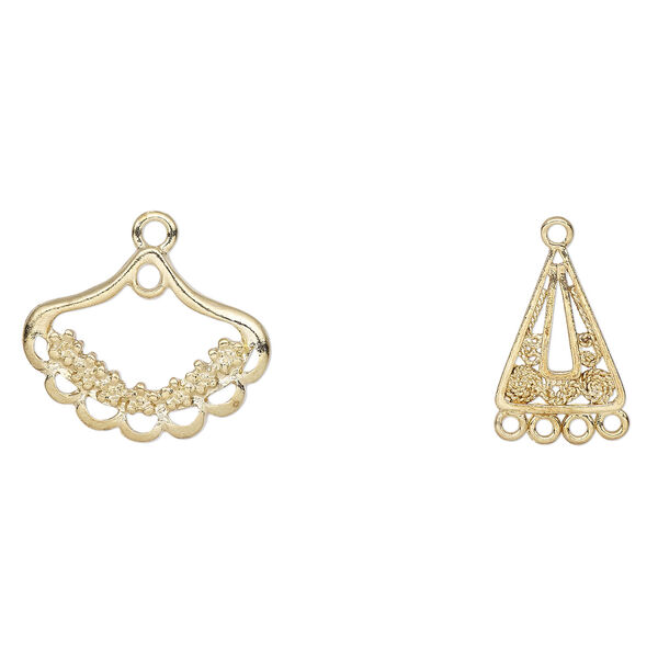 Drop, gold-finished "pewter" (zinc-based alloy), 17x17x14mm triangle with twisted rope swirl design and 4 loops and 25x19mm fancy with roses and 8 loops. Sold per pkg of 8. image number 1