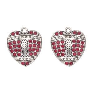 Charm, antique silver-finished "pewter" (zinc-based alloy) and glass, clear and red, 23x22mm single-sided heart with "football pattern". Sold per pkg of 2.