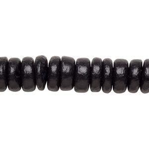 Bead, wood (dyed), black, 10x2.5mm-10.5x4mm hand-cut rondelle. Sold per 15-1/2" to 16" strand.