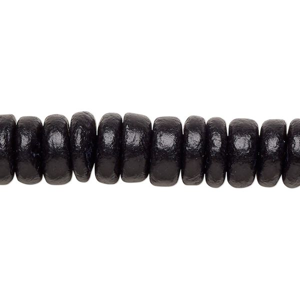 Bead, wood (dyed), black, 10x2.5mm-10.5x4mm hand-cut rondelle. Sold per 15-1/2" to 16" strand. image number 0
