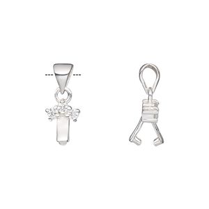 Bail, ice-pick, sterling silver and cubic zirconia, clear, 9.5x7mm with 3.5mm grip length. Sold individually.