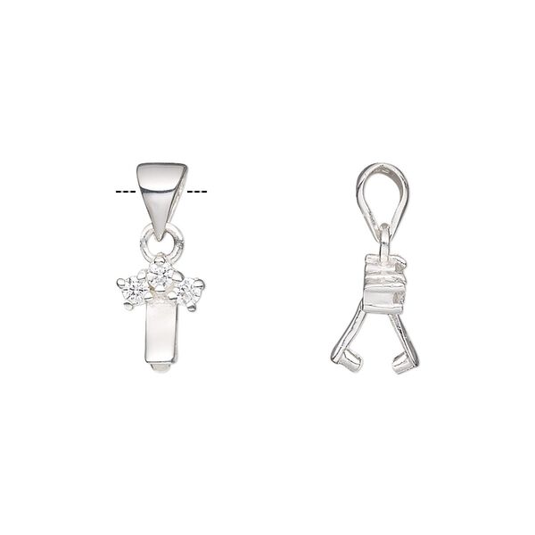 Bail, ice-pick, sterling silver and cubic zirconia, clear, 9.5x7mm with 3.5mm grip length. Sold individually. image number 0