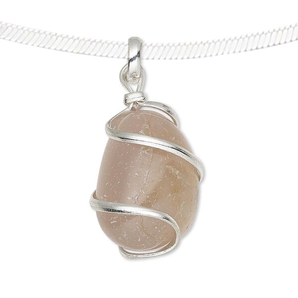 Pendant, agate (dyed) and silver-plated copper, pink, medium to large hand-cut wire-wrapped tumbled nugget. Sold individually. image number 0
