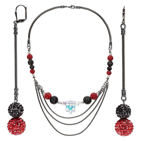 Necklace and earring set, One of a Kind Jewelry, gunmetal-plated brass / epoxy / glass rhinestone, red and black, 20-inch necklace. Only one available. image number 0