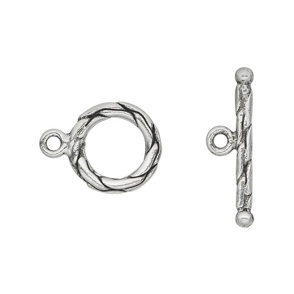 Clasp, toggle, pewter (tin-based alloy), pkg/1, antiqued, 13.5mm round with scalloped pattern. image number 0