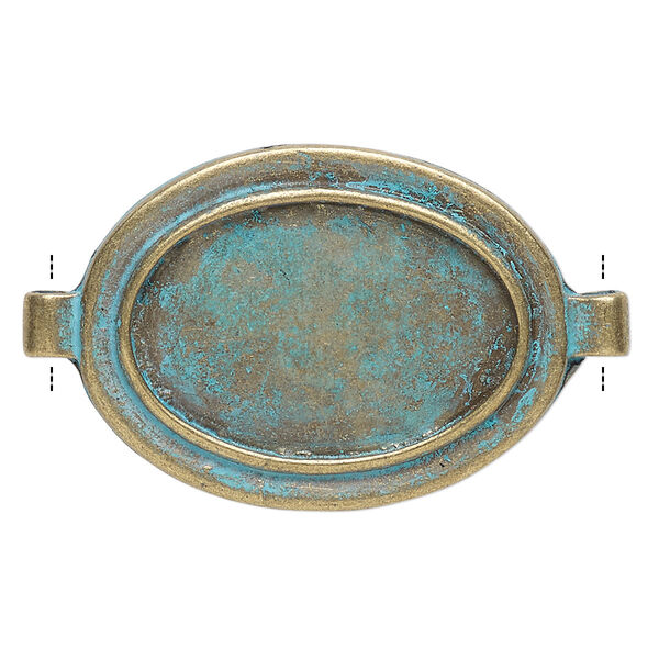 Link, antique copper-finished "pewter" (zinc-based alloy), green patina, 38x28mm single-sided oval with 29.5x19.5mm non-calibrated oval setting. Sold per pkg of 2. image number 0