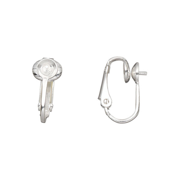 Earring, clip-on, silver-plated steel, 16mm hinged with 5mm cup and 4mm peg, fits 5-7mm bead. Sold per pkg of 50 pairs. image number 0