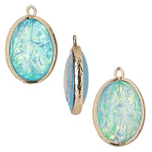 Drop, Opalized Ice™, "opal" (resin) and gold-finished brass, light blue, 20x15mm double-sided oval. Sold per pkg of 4.