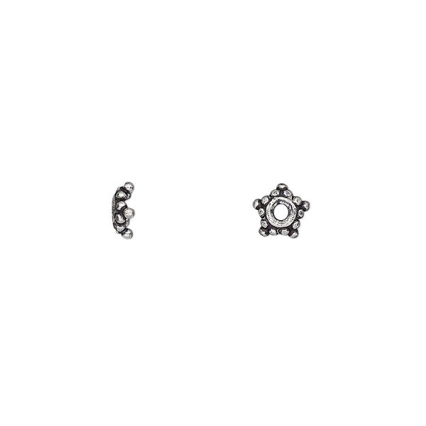Bead cap, antiqued sterling silver, 5.5x2mm beaded star, fits 5-7mm bead. Sold per pkg of 10. image number 0
