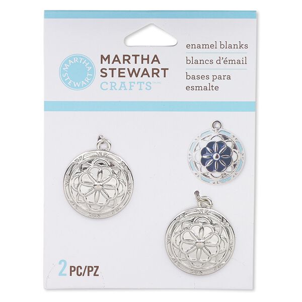 Drop, silver-finished "pewter" (zinc-based alloy), 22mm round enamel blank with flower design. Sold per pkg of 2. image number 0