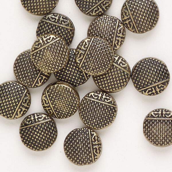 Bead 1pkg20 "pewter" (zinc-based alloy) 10mm textured puffed flat round, antique gold finish image number 0