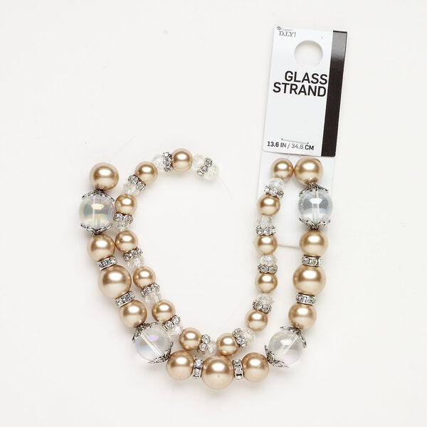 Glass / "pewter" (zinc-based alloy) / glass rhinestone 1pkg1, mixed shapes bead / bead cap mix clear AB / gold/ antique silver-finished 13.5 inch mixed sizes image number 0