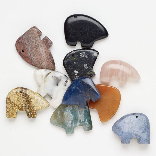 Multi-gemstone 1pkg10, top-drilled puffed / flat zuni-style bear, drop mix 24x21mm-33x24mm image number 0