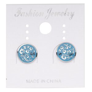 Earstud, stainless steel, blue patina, 10mm round with fancy swirl design. Sold per pair.
