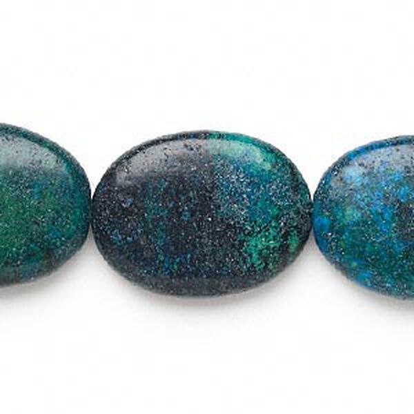 Bead, yellow "turquoise" (serpentine and quartz) (dyed), blue, 39x29mm-40x30mm flat oval, C grade, Mohs hardness 2-1/2 to 6. Sold per 15" to 16" strand. image number 0