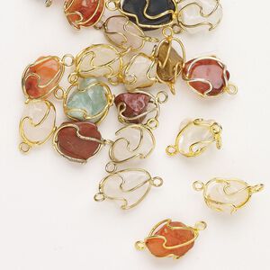 Drop link mix copper multi-gemstone 20pk 12x10mm-20x15mm wire-wrapped freeform, gold finish