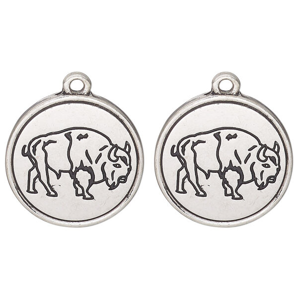 Drop, antique silver-finished "pewter" (zinc alloy) and enamel, black, 21mm round with bison design. Sold per pkg of 2. image number 0