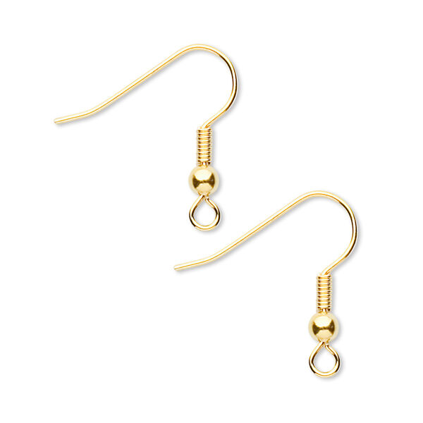 Ear wire, gold-finished brass, 19mm fishhook with 3mm ball and 4mm coil and open loop, 21 gauge. Sold per pkg of 50 pairs. image number 0