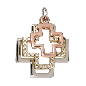 Drop, glass rhinestone / silver- / gold- / copper-finished "pewter" (zinc-based alloy), clear, 18x18mm / 22x22mm / 28x28mm Swiss cross. Sold individually.