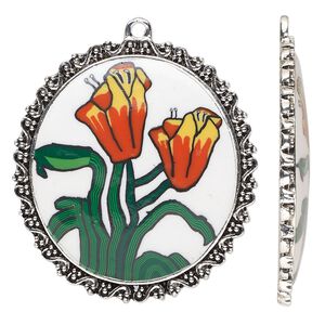 Focal, glazed polymer clay and silver-finished "pewter" (zinc-based alloy), multicolored, 43x40mm single-sided oval with lily design and swirl with beaded edge. Sold individually.