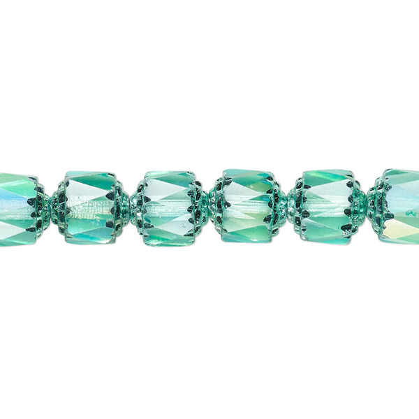 Bead, Czech dipped décor glass, teal Apollo AB, 8mm round cathedral. Sold per 15-1/2" to 16" strand. image number 0