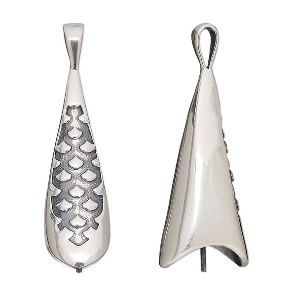 Pendant, antiqued sterling silver, 36x10mm cone with scale design and 4.5mm peg, fits 12mm half-drilled bead. Sold individually. image number 0