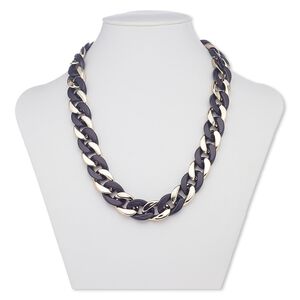Necklace, acrylic and plastic, matte black and and rose gold color, 17mm wide, 18 inches with hook-and-eye clasp. Sold individually.