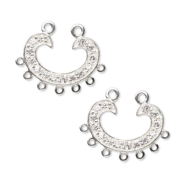 Link, sterling silver and cubic zirconia, clear, 18x12mm single-sided horseshoe with closed 7 loops. Sold per pkg of 2. image number 0