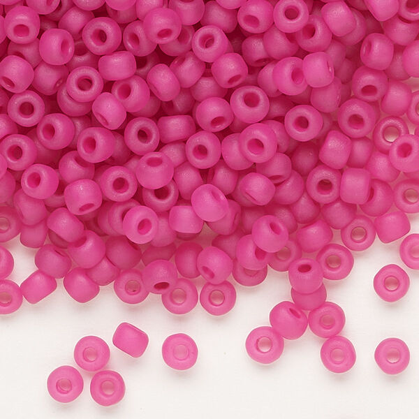 Seed bead, Dyna-Mites™, glass, translucent matte inside color hot pink, #6 round. Sold per 40-gram pkg. image number 0