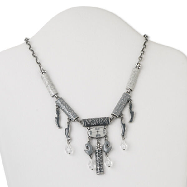 Necklace, Czech rhinestone / enamel / antiqued silver-finished steel and brass, clear and dark grey, tube, 16 inches with 2-inch extender and lobster claw clasp. Sold individually. image number 0