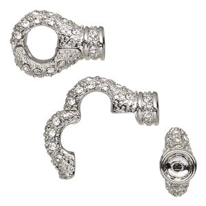 Clasp magnetic 1pkg1 silver-plated "pewter" (zinc alloy), 20x14.5mm stardust cuff / fits 1.5mm cord, clear rhinestone 1-strand