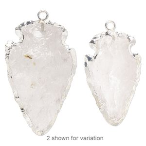 Focal, quartz crystal (natural) / electroplated silver / silver-plated sterling silver, 28x19mm-36x22mm hand-knapped arrowhead. Sold individually.