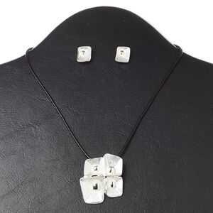 Necklace and earring set, leather (dyed) with silver-finished "pewter" (zinc-based alloy) steel, black, 40x35mm square flower, 16 inches with 3-inch extender chain and lobster claw clasp, 9x6mm earrings with post. Sold per set.