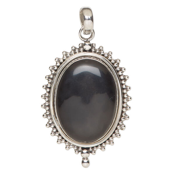 Pendant, black onyx (dyed) and antiqued sterling silver, 43x31mm beaded oval. Sold individually. image number 0