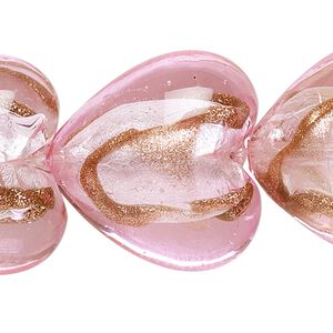 Bead, lampworked glass, pink and bronze with silver-colored foil, 28x28mm puffed heart. Sold per pkg of 4.