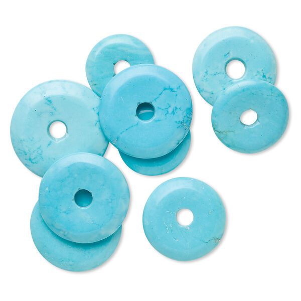 Focal and component mix, magnesite (dyed / stabilized), blue, 20-40mm round donut, C grade, Mohs hardness 3-1/2 to 4. Sold per 100-gram pkg, approximately 5 pieces. image number 0