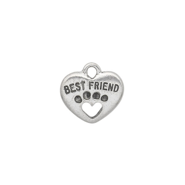 Charm, antiqued pewter (tin-based alloy), 15x13mm double-sided heart with "Best Friend" and dog paw cutout. Sold individually. image number 0